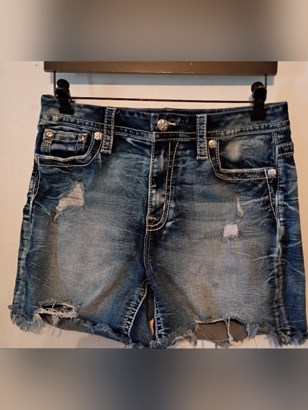 Miss me Ripped Distressed Blue Denim Jean Signature M High Rise Midi-Shorts - Picture 13 of 13